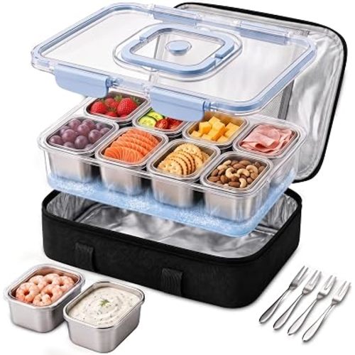 Stainless Steel Snackle Box with Ice Pack & Insulated Bag, 8 Removable Cups with Lids, Dishwasher Safe Snackle Box Container for Kids Sports, Road Trips, Beach Days & Picnics