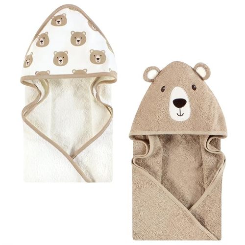 Hudson Baby Unisex Baby Cotton Poly Animal Face Hooded Towel, Tan Bear, One Size