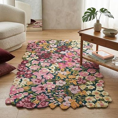 Handmade Colorful Floral Silk & Wool Area Rug | Spring Garden Overflows The Frame | Unique Irregular Shape Flower Carpet | Perfect for Living Room, Bedroom & Kids Room Decor (Multi A, 4' x 6')