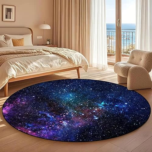 kxry 3Ft Round Galaxy Soft Area Rugs for Kids Girls Boys Blue and Purple Outer Space Starry Sky Universe 3x3 Circle Floor Carpet for Living Room Bedroom Dorms Nursery Rooms Home Decor Aesthetic
