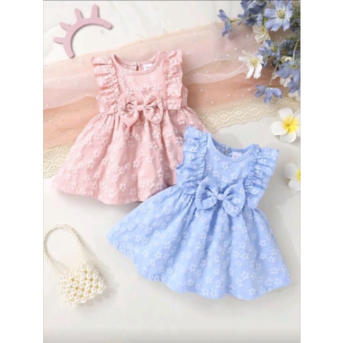 2pcs/Set Soft & Comfy Adorable Baby Girls Floral Jacquard Bow Decor Ruffle Hem Sleeveless Solid Color Princess Dress Outfit | SHEIN USA