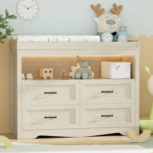 Baby Changing Table with Changing Table Top Nursery Dresser with LED Light