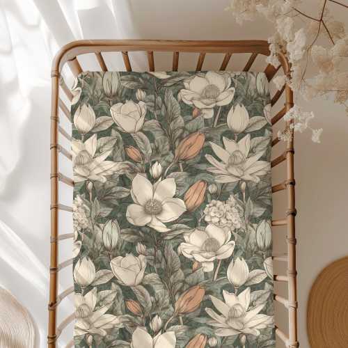 Vintage Magnolia Floral Crib Sheet: Jersey Knit Boho Nursery Bedding