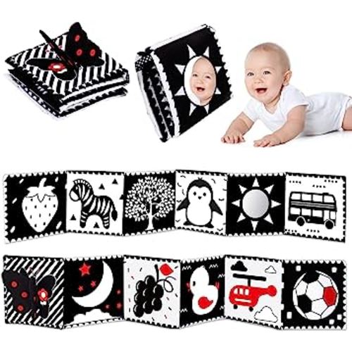 Baby Toys: Black and White High Contrast Tummy-Time Toys with Mirror, Soft Cloth Book for Newborns to 6 Months, Brain Development Gift