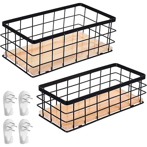 2 Pack Black Metal Wire Storage Baskets with Wood Bottoms, Bathroom Storage Organizer Basket Bins, Includes 2 Bonus Adhesive Hooks for Easy Wall Mounting