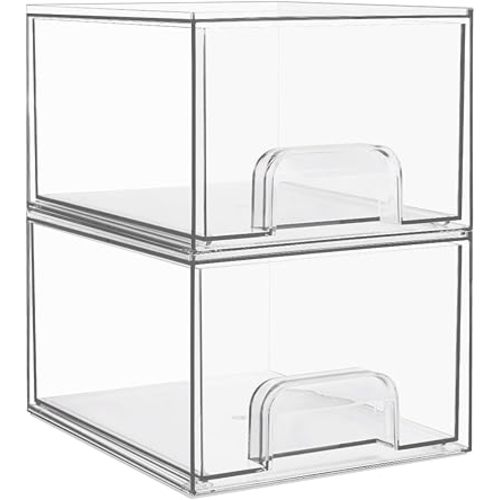Vtopmart 2 Pack Small Clear Stackable Storage Drawers,Acrylic Bathroom Makeup Organizer,Plastic Storage Bins For Vanity, Undersink, Kitchen Cabinets, Pantry, Home Organization