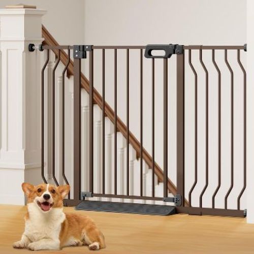GROWNSY Baby Gate for Stairs, 29.5"-48.4" Pressure Mounted Baby Gate for Top of Stair&Doorway with V-Shaped Rods, Anti-Trip Pedal, Brown
