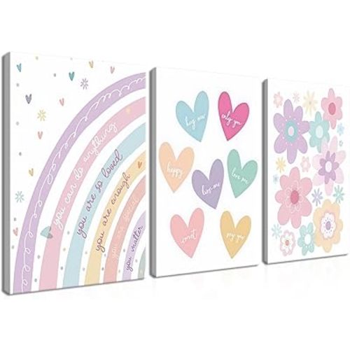 3 Pieces Nursery Boho Wall Art, Framed Cartoon Rainbow Canvas Prints, Colorful Heart Wall Decor, Cute Flower Posters Artwork, Pink Girls Room Aesthetic for Bedroom Dormitory – 12x16in