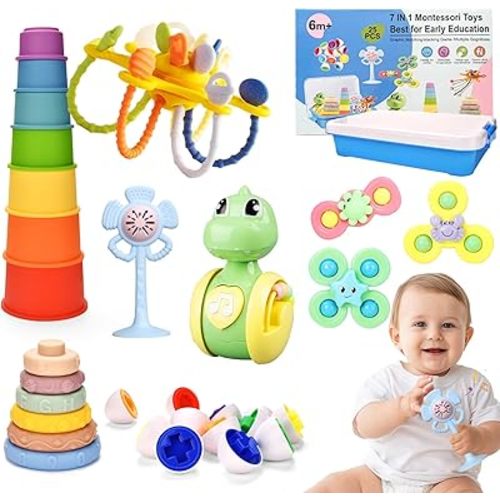 Montessori Baby Toys for 6-12 Months,7 in 1 Sensory Toy for Babies 6 Month Old,Stacking Blocks Rings Cups,Pull String Teething Toy for 1 Year Old,Birthday for 6-12M+