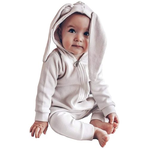 Simplee kids Animal Bunny Baby Easter Romper Long Ear Rabbit Hoodie Romper Jumpsuit with Zipper - A-af-h-white - 3-6 Months