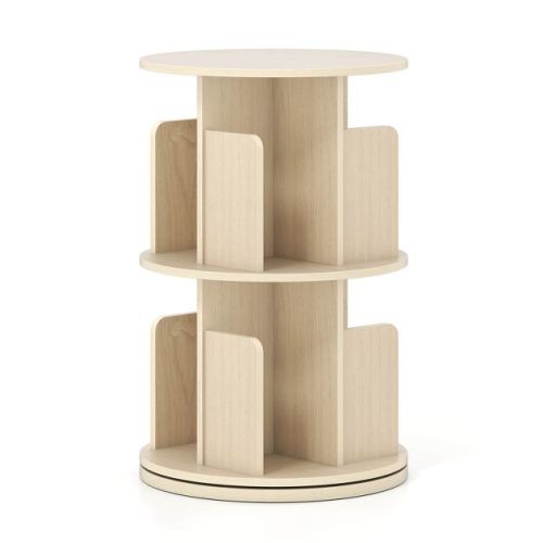 Costway 1 PCS 2-Tier Rotating Bookshelf 360° Display Rack with Dividers & Anti-falling Baffles Natural