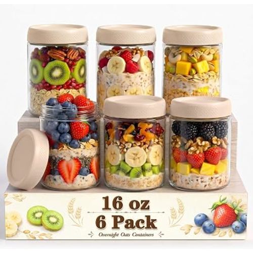 Overnight Oats Containers with Lids, 16oz Glass Storage Containers with Lids, Wide Mouth Mason Jars, Glass Jars with Airtight Lids for Sugar, Yogurt, Chia Seed, Pudding, Meal Prep 6-Pack