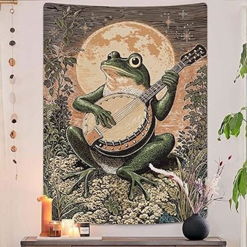Lunerfex Moonlit Banjo Frog Wall Tapestry, Whimsical Amphibian Musician Tapestries for Room Decor, Folk Art Tapestry 36L x 48W