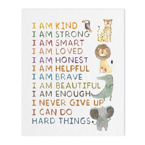 Positive Affirmations Print Wall Decor: I Am Kind I Am Smart I Am Brave Inspirational Quotes Wall Art for Kids, Boho Classroom Posters Baby Animal Safari Nursery Room Decor for Toddler 12x15 Inch