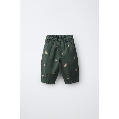 FLORAL EMBROIDERED TWILL PANTS - Mid-green | ZARA United States