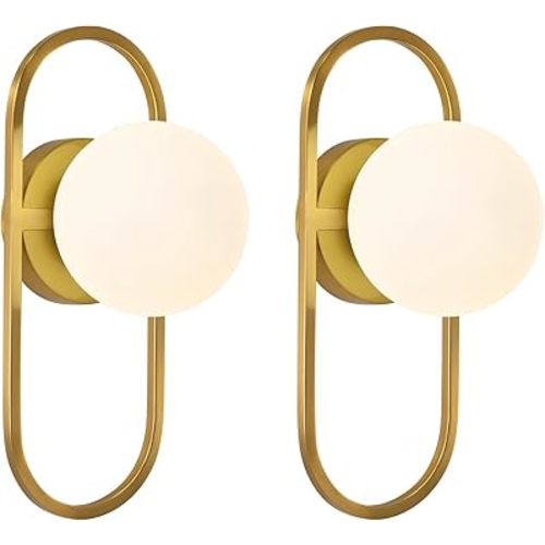 SeeU Mid Century Wall Sconces Modern Gold Vanity Wall Lamp with White Globe Lampshade Wall Light Fixture for Bathroom Bedroom Living Room Set of 2