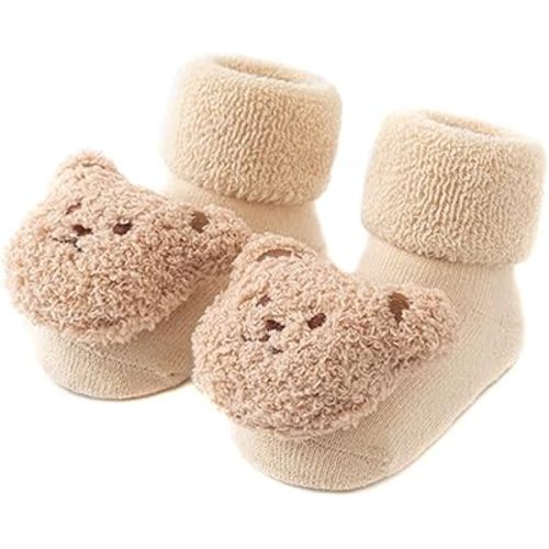 Baby Thickened Plush Floor Anti-Slip Socks - Toddler Warm Cotton Soft Winter Newborn Slippers Bear - Coffee
