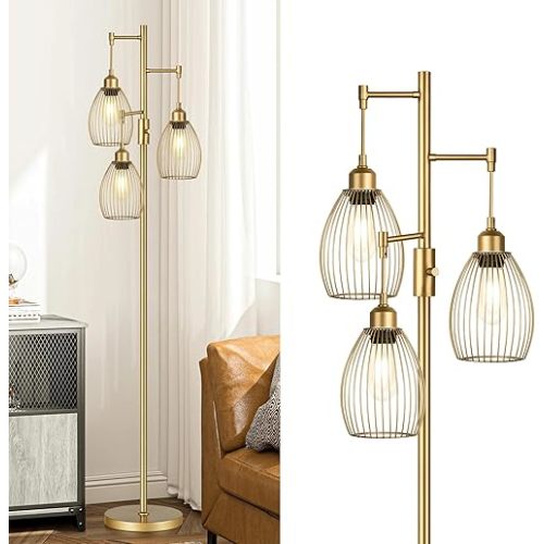 Industrial Floor Lamps Gold 3 Elegant Teardrop Cage Head