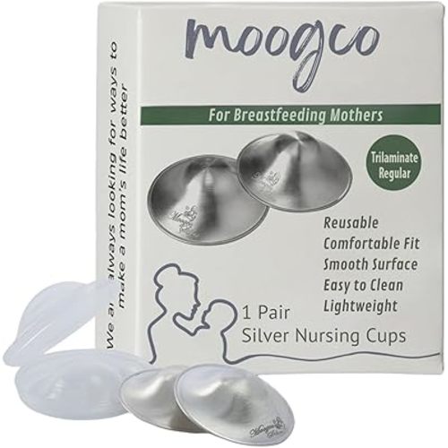 MOOGCO The Original Silver Nursing Cups - 999k Silver Nipple Cups - Nipple Shields for Breastfeeding Newborn – Protective Silver Nipple Covers for Nursing Moms (TriLaminate Regular)