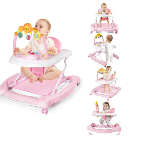 5-in-1 Baby Walker, Baby Walkers for Boys Girls 6-12 Months, Foldable Activity Walker, Toddler Infant Walker with Bouncer, Adjustable Height, Removable Footrest, Feeding Tray, Music