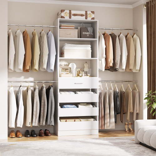 Homieasy Wooden Closet Organizer System with 4 Drawers, 4 Hanging Rods, Shelving Towers, White