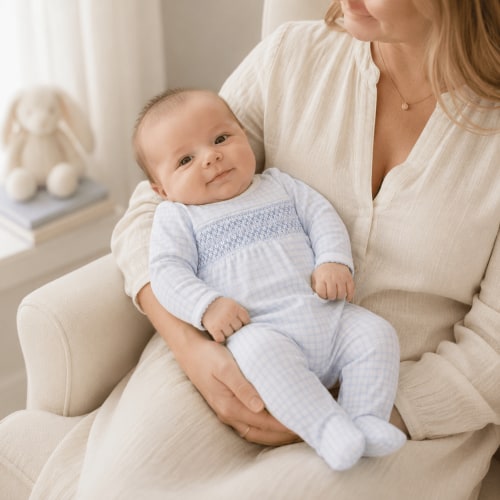 Baby Boy Smocked Footie - Light Blue Peek-a-Boo Wishes - Pima Cotton – Magnolia Baby