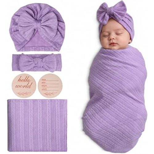 Muslin Swaddle Blankets,Sleepea Swaddle with Bow Headbands, Hats Set and Newborn Name Announcement Card, Stretchy Baby Blankets for Girls and Boys Unisex, Perfect for Newborn Photos (Purple)