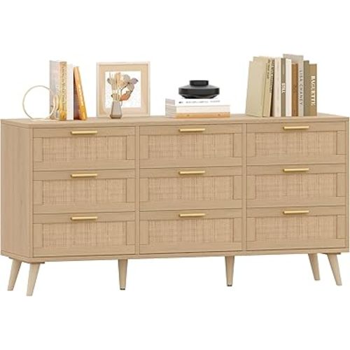 Rovaurx 9 Drawer Double Dresser for Bedroom, Rattan Chest of Dressers, Modern Wooden Dresser Chest with Golden Handles, Beside Table for Closet, Living Room and Entryway, Natural