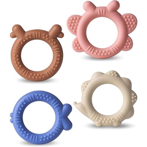NCVI 4 Pack Silicone Teething Rings Set for Babies 0-6 Months, Baby Teething Toys with Ridges, Small Teethers for Infant 6-12 Months, BPA-Free Teething Relief Baby Chew Toys