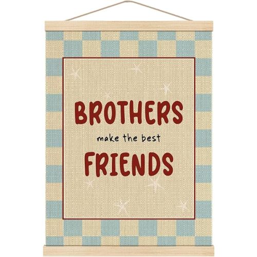 Boat Wades Brothers Make the Best Friends Wall Art Poster Hanger Frame, Retro Trendy Blue and Beige Checkered Wall Decor for Toddler Kids Boys Room Nursery Playroom, 12x16 Inch