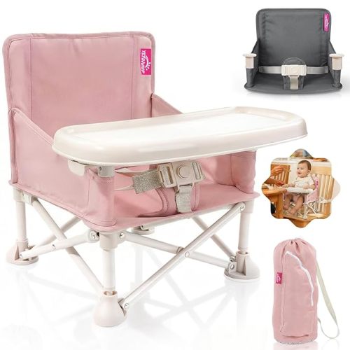 Portable Baby Chair, Baby Beach Chair with 2-Pack Interchangeable Seat Covers, Portable Booster Seat with Tray & Travel Bag, Compact Foldable, Easy-Swap Colors, Perfect for Travel