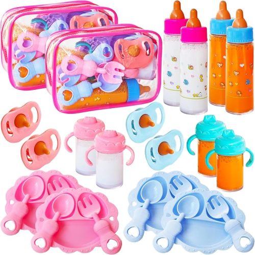 13 Pcs Baby Doll Accessories Magic Bottle Set,Pretend Play Feeding Toy Set with Package,Doll Feeding Set for Kids Girls,Magic Disappearing Juice Milk Bottles,Sippy Cups,Pacifiers,Bowl Spoons