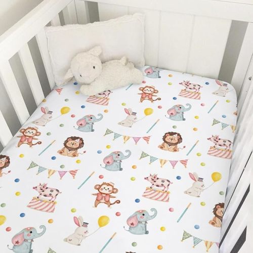 Watercolor Circus Animals Baby Crib Sheet 52''x28'' Cute Monkey Elephant Rabbit Pig Fitted Mattress Sheet for Boy Girl Nursery Bed Sheets for Standard Crib and Toddler Mattress