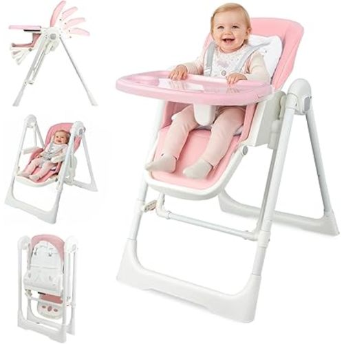 High Chairs for Babies and Toddlers Foldable High Chair Adjustable with Reclining Seat & Leg Rest, 3-in-1 Convertible Baby Swings with Tool-Free Assembly (Pink)