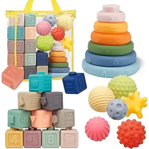 Montessori Baby Toys - Soft Baby Blocks, Stacking Rings & Sensory Balls, 24Pcs 3-in-1 Teething Toys Set for Babies 6-12 Months, Building Blocks Easter Birthday for Boys Girls