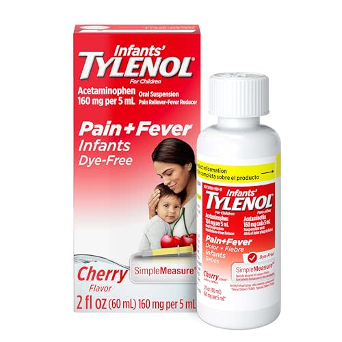 Infants' Tylenol Acetaminophen Oral Suspension, Dye-Free, Cherry, 2 fl. oz | Free of Alcohol, Aspirin and Ibuprofen, Pain Relief, Fever Reducer, Includes SimpleMeasure Dosing Syringe