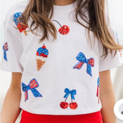 Girls: Fireworks And Fun White Sequin Patriotic Ice Cream Top