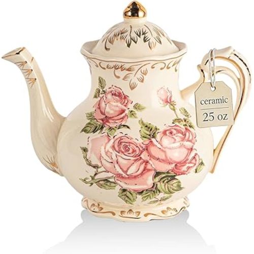 YOLIFE Small Pink Rose Teapot, 25 OZ/ 3 Cup Vintage Ivory Porcelain Tea Pot, Floral Teapot with Gold Trim, Gifts for Women