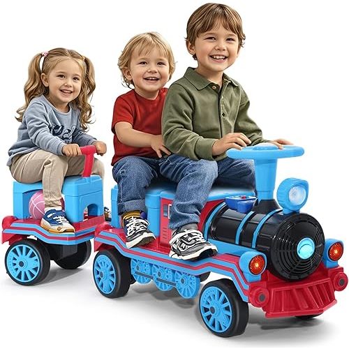 JOYLDIAS 2 Seater Ride On Train with Detachable Carriage, 12V Kids Ride On Toy with Music, Train Honk, Lights, High/Low Speed and Storage, Electric Car for Kids Aged 3+, Blue