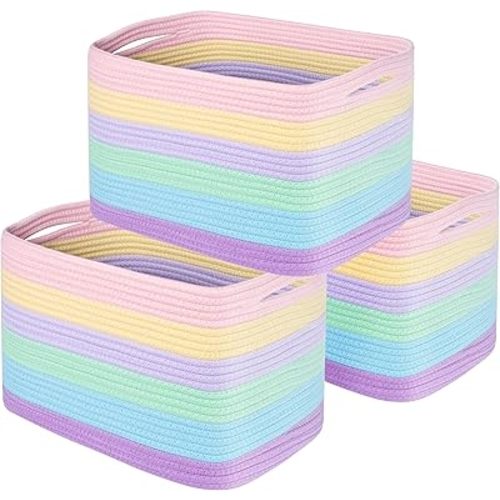 MINTWOOD Design 3-Pack Storage Baskets and Cube Bins for Shelves, Playroom and Classroom, Decorative Woven Closet Organizers for Books, Shoes, and Pantry Items, Pastel Rainbow