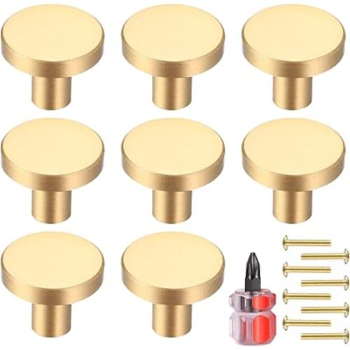 8 Pcs Gold Cabinet Knobs,Brushed Brass Round Kitchen Cabinet Hardware Pulls Knobs Gold for Dresser Drawer Cupboard Furniture Closet Wardrobe Door Knobs Handles, with Screwdriver,20x28 mm