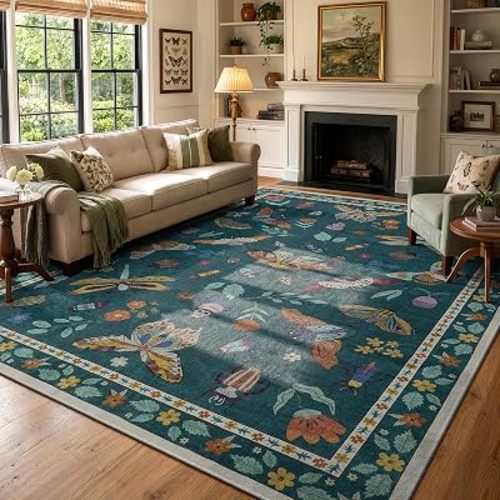 Lahome Dark Green Bug Rug, 8x10 Insect Washable Rugs for Living Room