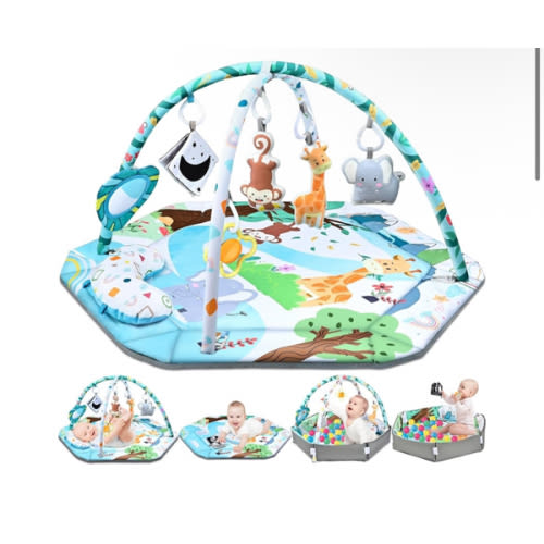 Baby Gym Play Mat, 8-in-1 Tummy Time Mat & Ball Pit with 6 Toys, Washable Baby Activity Play Mat for Visual, Hearing, Sensory, Motor Development, Baby Toys Gift for Toddler Infant 0-3-6-9-12 Months