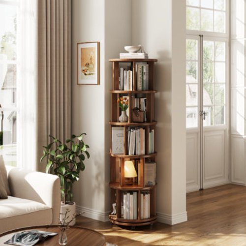Ebern Designs 360° Rotating Solid Wood Bookshelf, Equipped with Brake Wheels, Allowing for Flexible Adjustment & Reviews | Wayfair