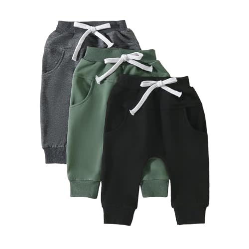 Yoawdats Baby Boys' 3-Pack Pull-on Jogger Pants Knit Pants Classic Fit Elastic Waist Kids Toddler Pants Multipacks Long Pants