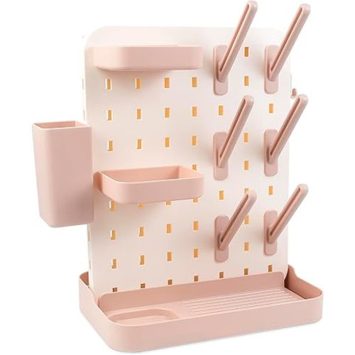 Baby Bottle Drying Rack Space Saving Countertop Vertical Rack with Brushes Holder (Pink)