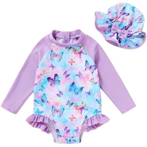 Infant Baby Girl Swimsuit One-Piece Long Sleeve Rash Guard with Hat Set Floral Zipper Bathing Suit Leopard Beach Wear