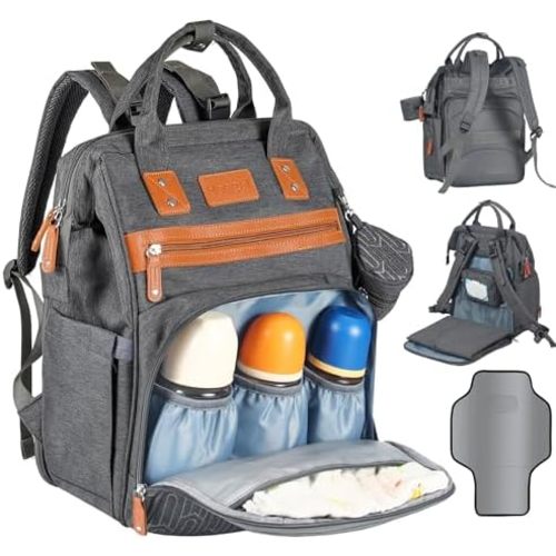 Diaper Backpack with Changing Pad, Baby Diaper Bag for Mom & Dad with Multipurpose Pockets, Large Stylish Baby Bag for Boy, Girl, Toddler (Dark Grey)