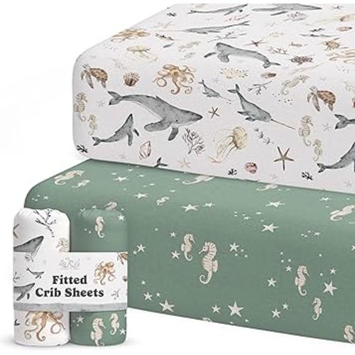 Crib Sheets Neutral - Fitted Baby Crib Sheets Bed for Girl Boy - 2 Pack Standard & Toddler Mattress (Ocean Odyssey) - Buttery Soft Organic Cotton Blend