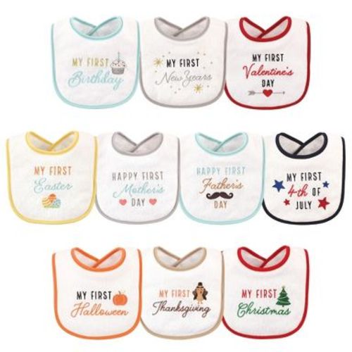 Hudson Baby Infant Cotton Terry Drooler Bibs with Fiber Filling 10pk, Holiday Birthday, One Size